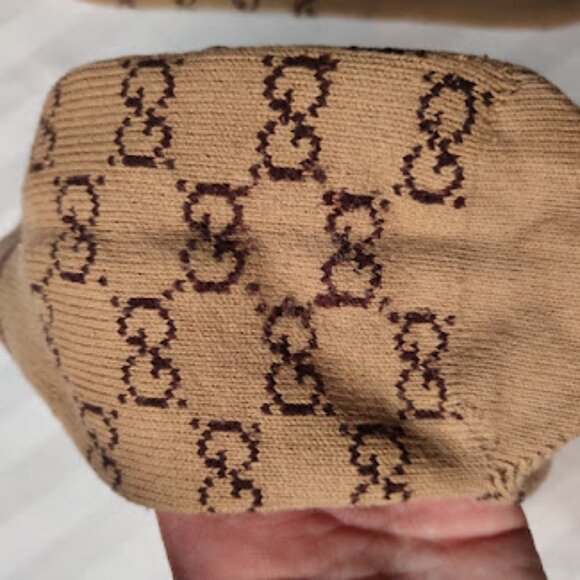 GUCCI | Web Stripe Camel Brown GG Logo Jacquard Knit Calf Socks Unisex Pre-Owned - Picture 8 of 11